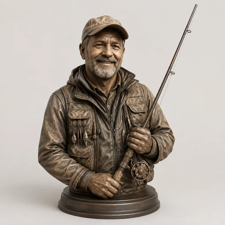 A concept sketch of a bust of a man in fishing gear holding a rod, generated from the description above